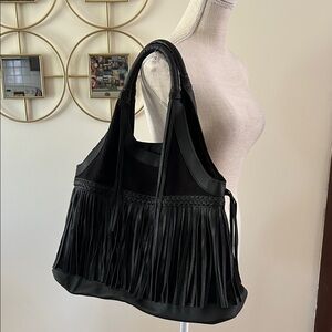 Limited Edition women’s Black Fringe Tote shoulder Bag, textile inner lining